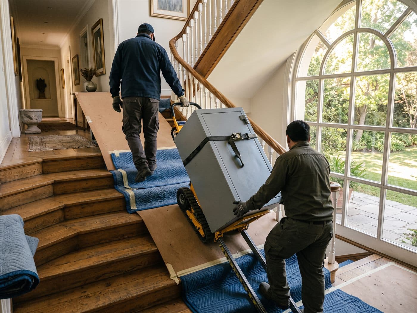 Caja fuerte bajando con carro oruga por la escalera de madera protegida de una casa de Vitacura