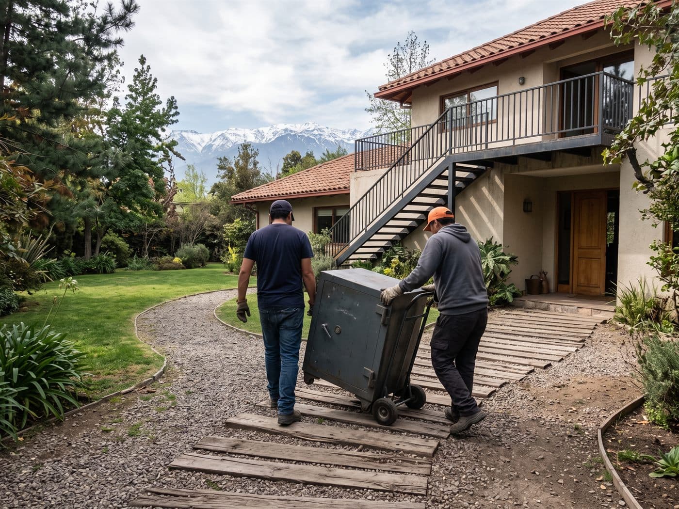 Equipo cruzando con una caja fuerte en carro sobre tablones un sendero de gravilla hacia una casa con escalera exterior en La Reina