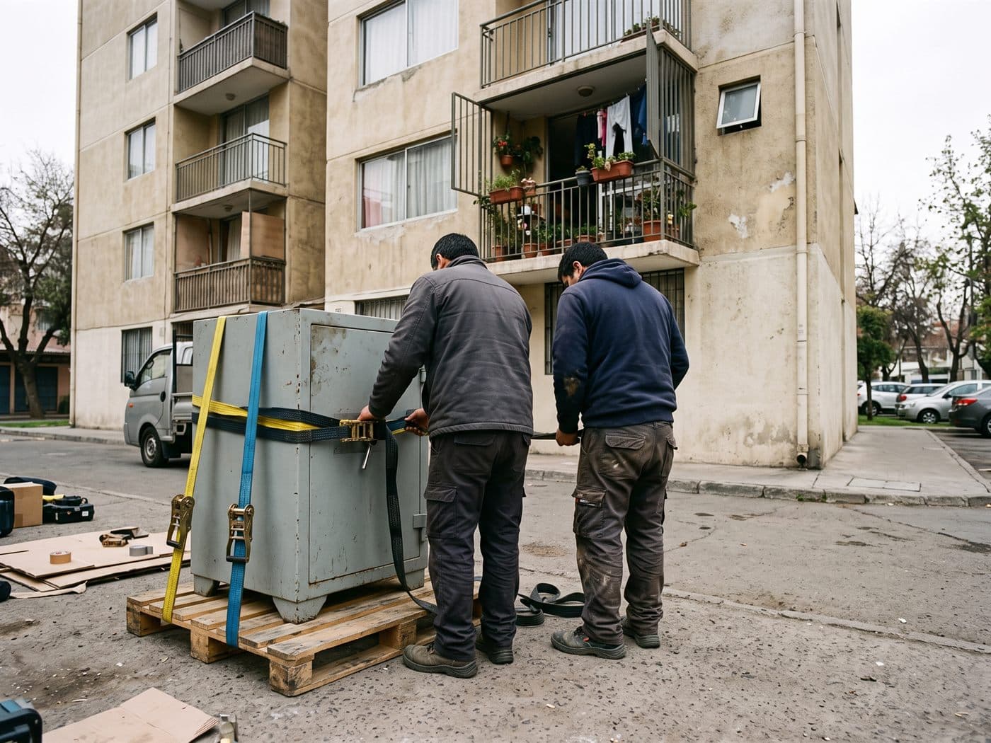 Caja fuerte asegurada con eslingas sobre un pallet al pie de un edificio, con el equipo revisando las amarras antes del izaje