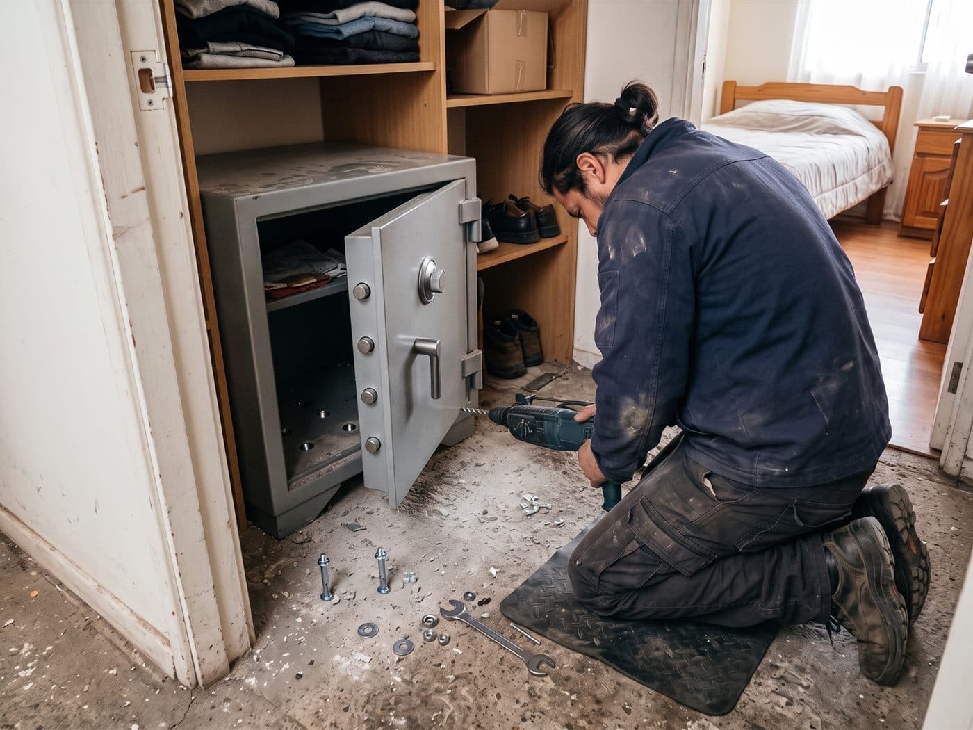 Anclaje de una caja fuerte al piso de hormigón dentro de un closet con taladro y pernos de anclaje