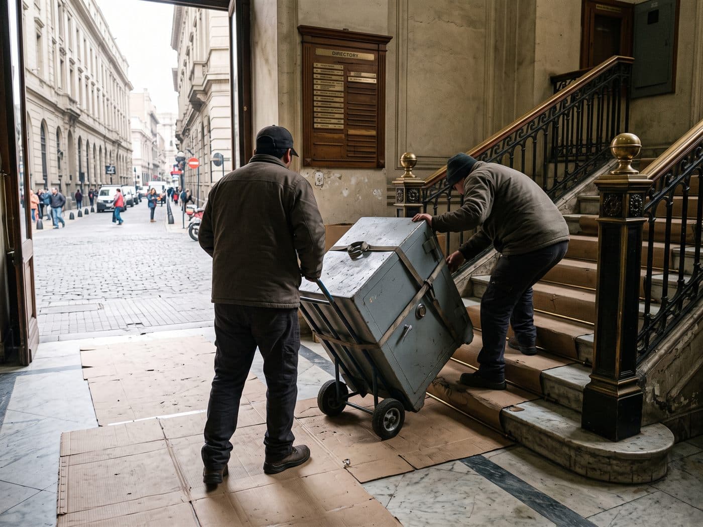 Equipo de traslado sacando una caja fuerte con carro oruga del hall de un edificio antiguo de oficinas del centro de Santiago