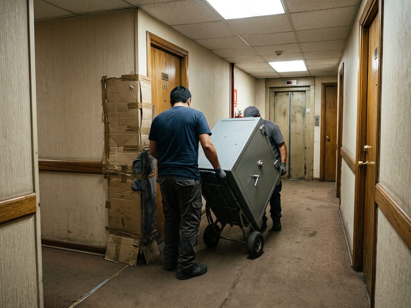 Dos personas del equipo guiando una caja fuerte en carro por un pasillo con vuelta de un edificio de oficinas de Providencia