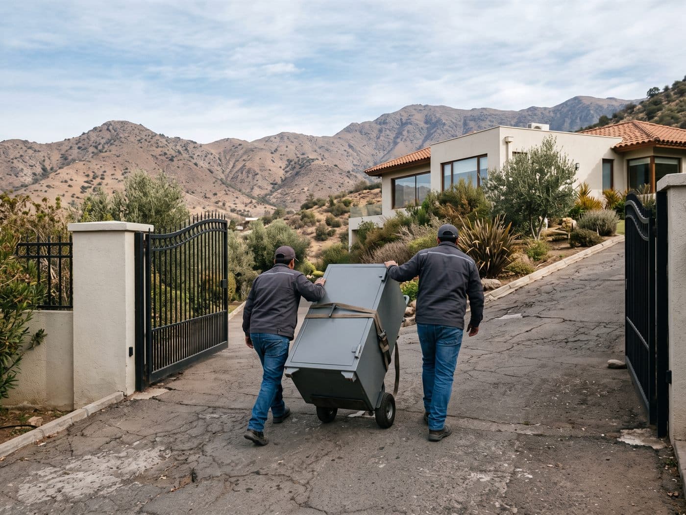 Equipo de traslado subiendo una caja fuerte en carro por la pendiente de acceso de una casa de Lo Barnechea