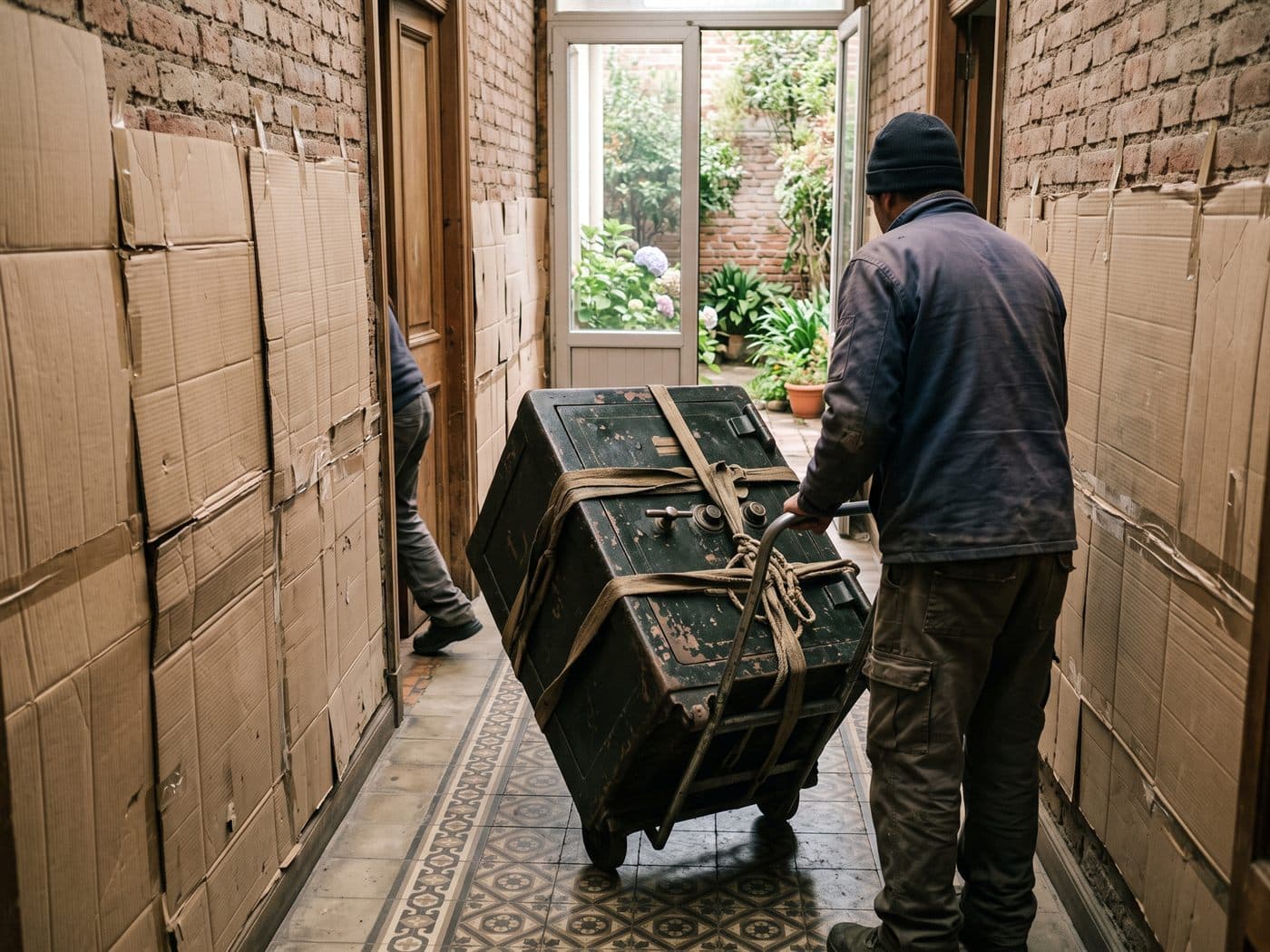 Caja fuerte antigua amarrada al carro saliendo por el pasillo protegido de una casa de ladrillo de Ñuñoa