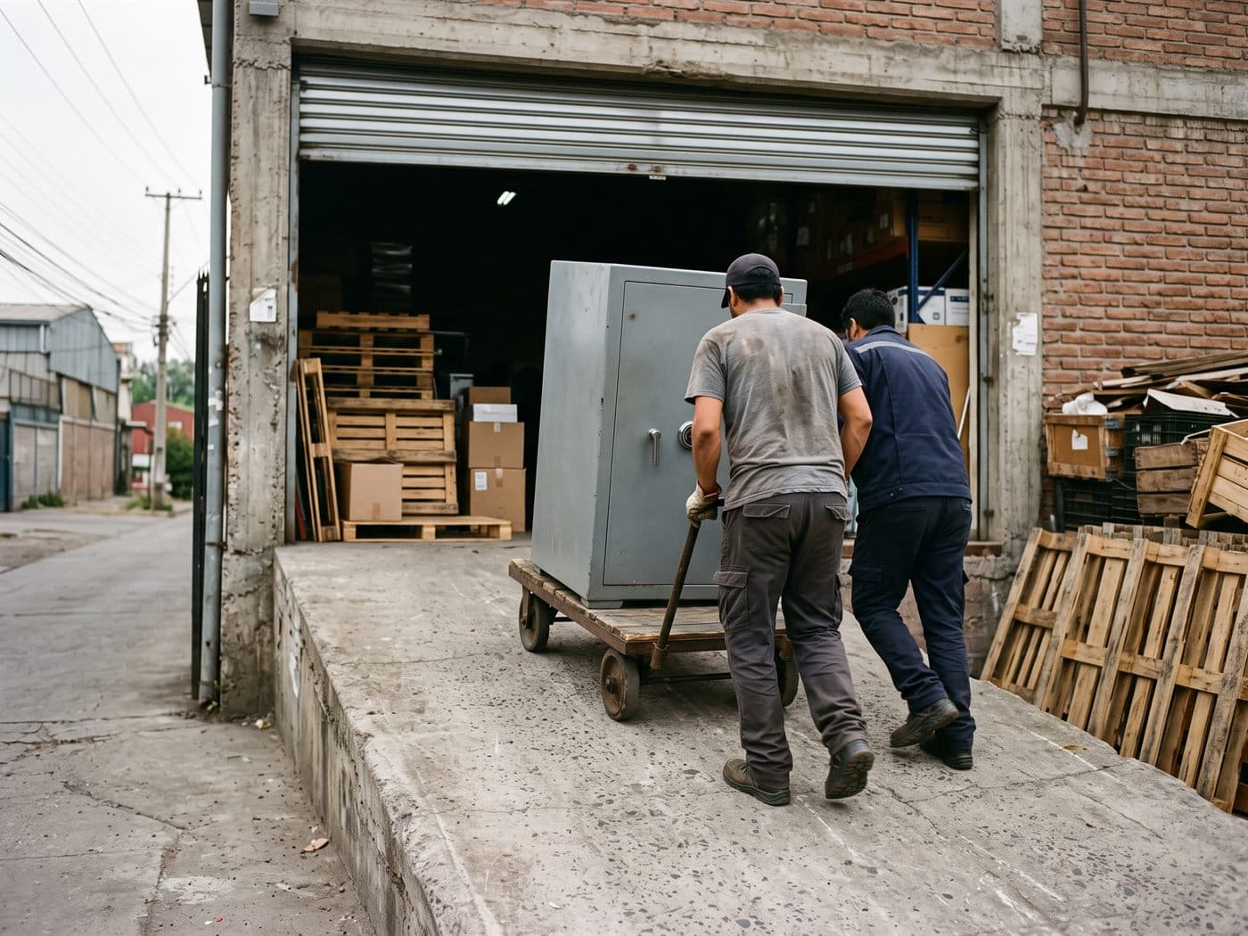 Caja de fondo sobre plataforma bajando por la rampa de carga de una bodega en Maipú