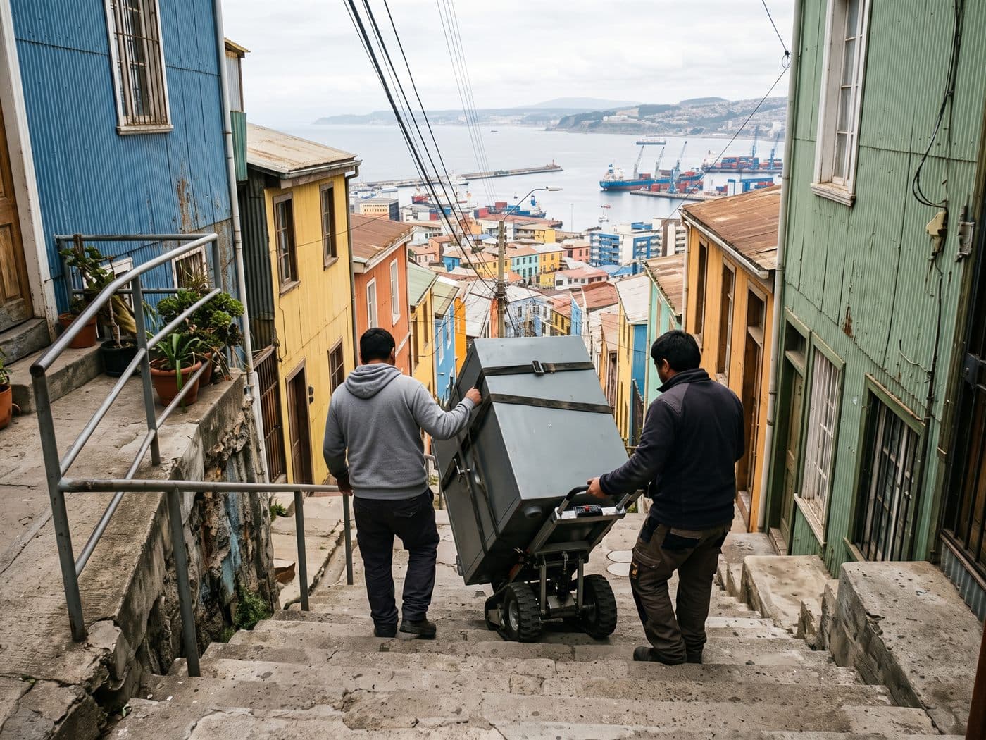 Equipo de traslado bajando una caja fuerte con carro oruga por una escalera de cerro de Valparaíso con la bahía al fondo