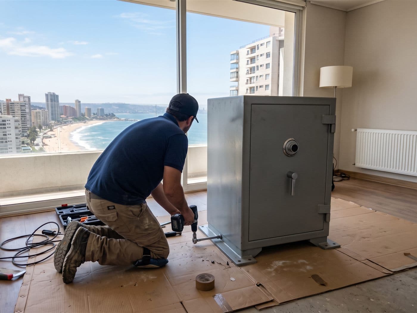 Anclaje de una caja fuerte al piso de un departamento en altura de Viña del Mar con vista a la costa