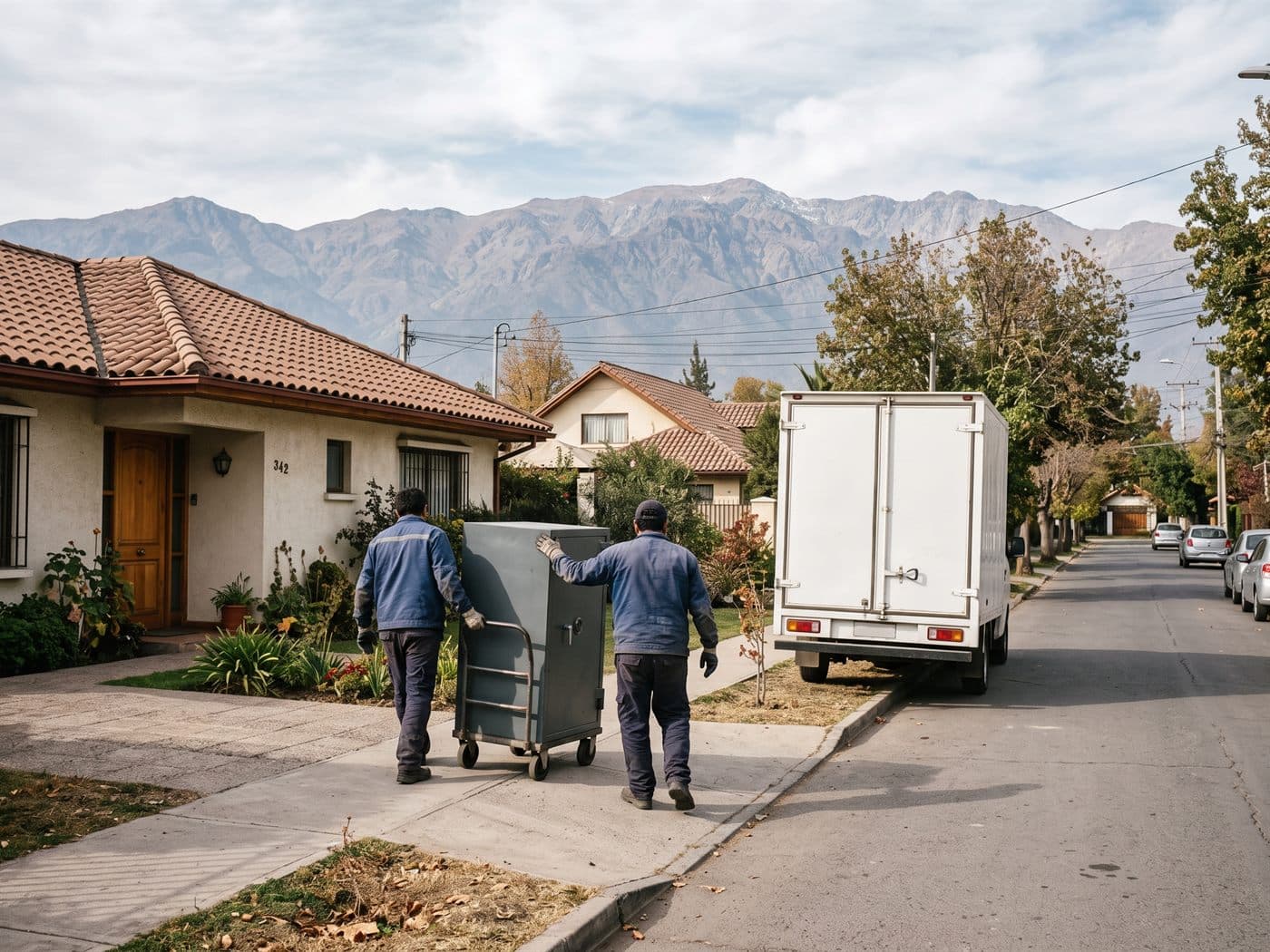 Equipo llevando una caja fuerte en carro desde una casa de un piso hacia el camión en una calle de Rancagua